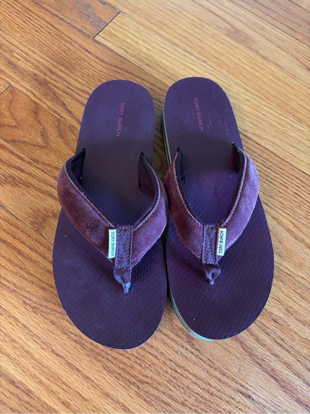 Tory Burch 70s Platform Flip Flops in Burgundy/Plum with Striped Soles
